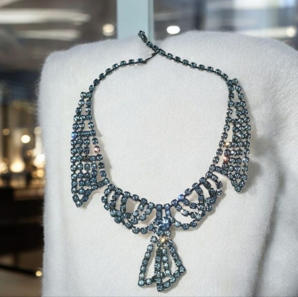 Vintage Silver Tone Light Sky Blue Sparkling AB Crystals Princess 15" Necklace